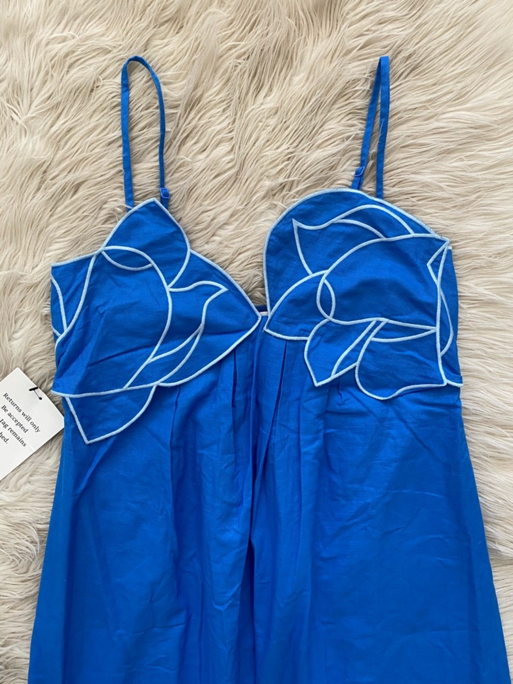 English Factory Linen Blend Flower Applique Iris Maxi Dress Sleeveless Sea Blue - Picture 3 of 14
